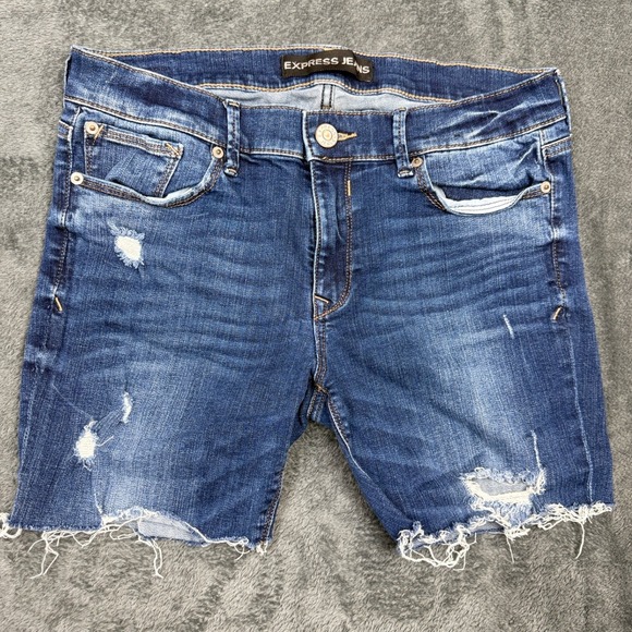 Express Jeans Denim Shorts Womens Size 10R Mid Rise Legging Distressed - Picture 1 of 8